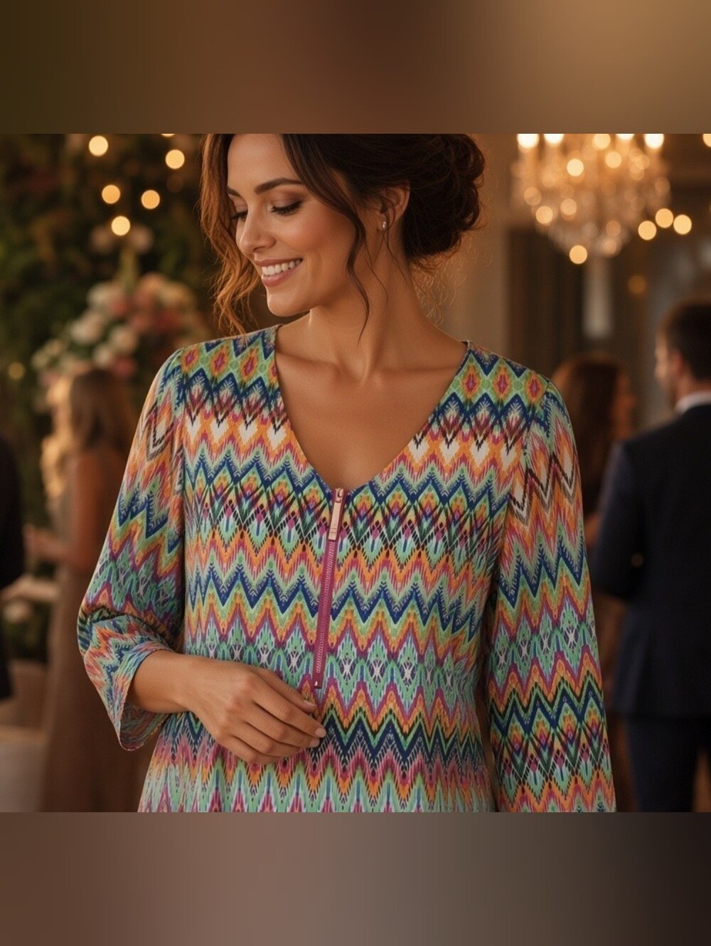 Tacera Women's Size Medium Multicolor Chevron Chiffon Print Blouse Front Zipper.